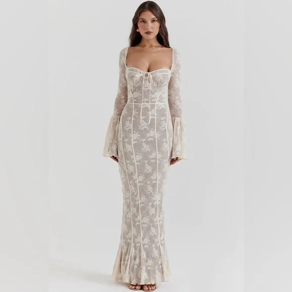 Dresses | Vintage Bow Tie Pleated Floral Lace Fishtail Evening Maxi Dress  Cream | Poshmark